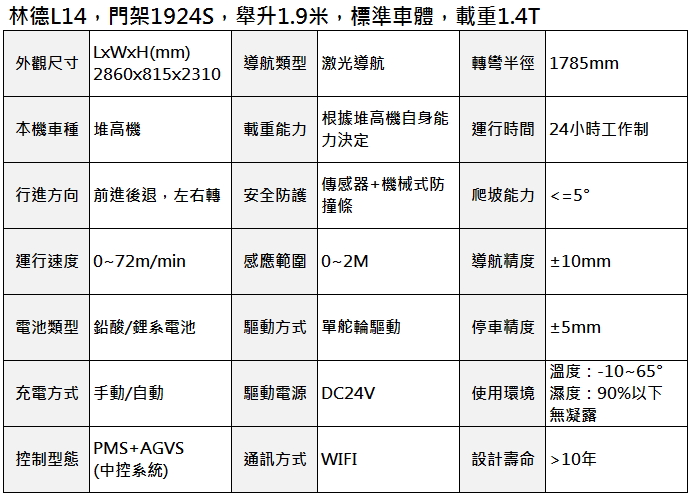 激光堆高機 AGV-L14